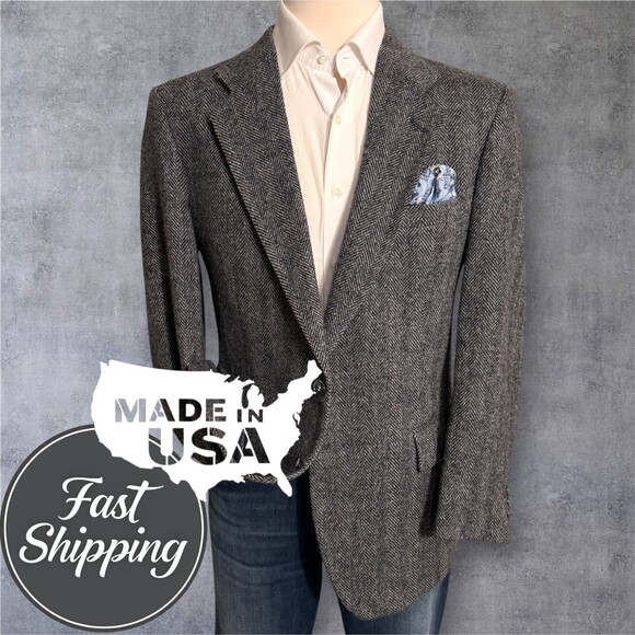 Vintage BARRINGTON TWEED WOOL Mens Blazer 42R Sport Coat Jacket Gray Herringbone - Picture 1 of 15